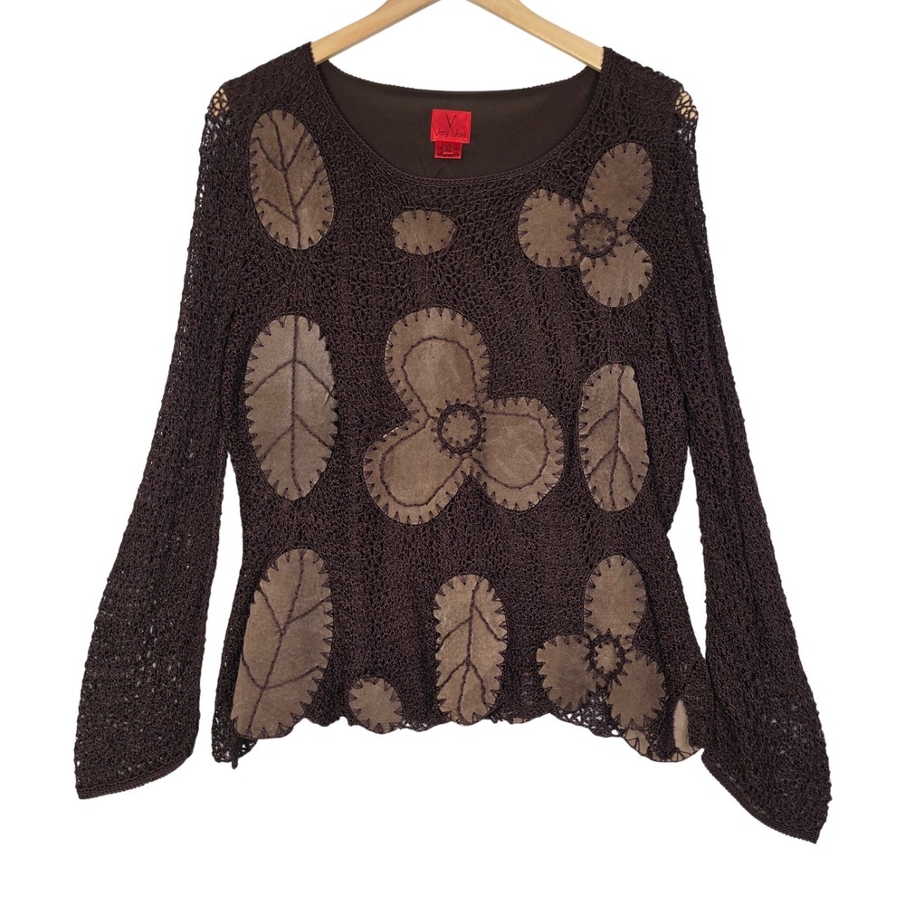 Very Vera Womens Crochet Knit‎ Top XL Brown Applique Leaf Floral Boho Blouse